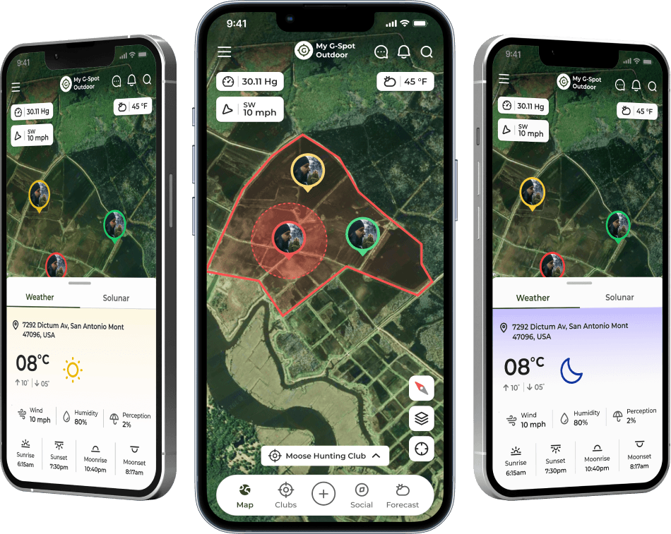 App Preview - Three phone screens showing the hunting app